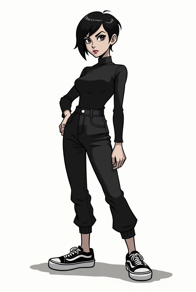 A tabletop RPG character in the horror genre, like a cartoon., showing the features Hair:pixie haircut

Gênero:feminine expression: serious clothing: black blouse black pants and vans sneakers white background
