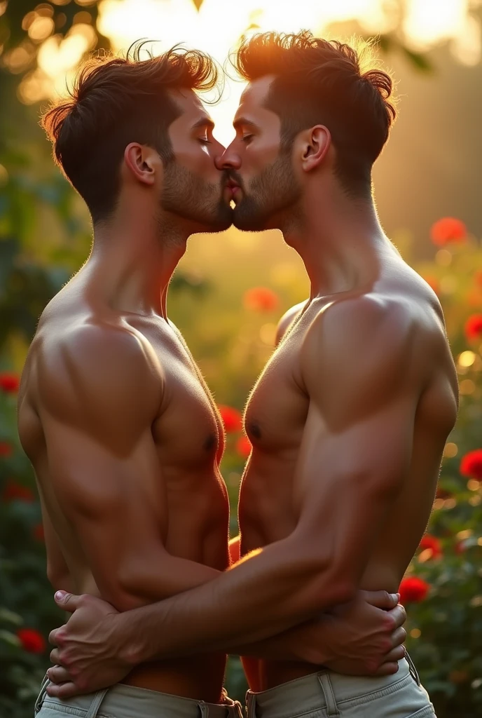 Shirtless men kissing each other sexy with their hands on each other's groins