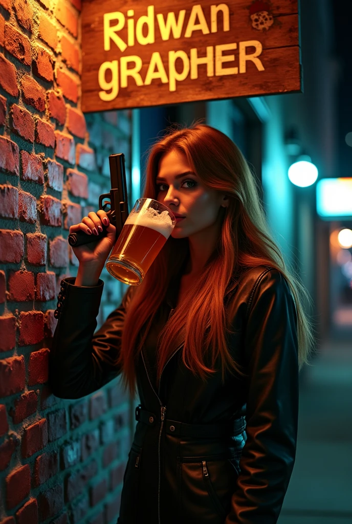 Beautiful woman drinking beer while holding a gun. Dan ada papan nama ridwangrapher