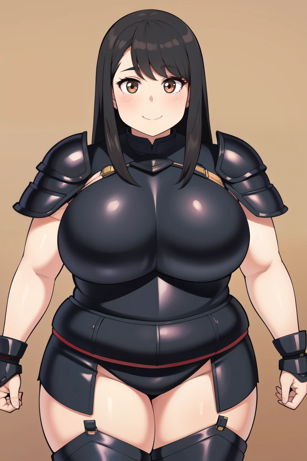 Plump year 21 big breasts black hair brown eyes happy longer hair smile blushing deredere armor future 