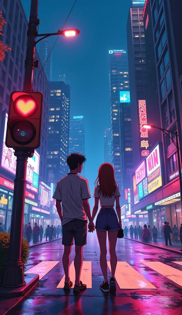 A vibrant, anime cyberpunk-inspired scene featuring a young couple standing at a zebra crossing, waiting to cross the street in a bustling, futuristic city. The couple is shown from the back, holding hands, with their casual clothing subtly illuminated by the neon lights surrounding them. The cityscape is filled with towering buildings adorned with glowing signs and holograms, casting a colorful glow on the wet pavement below. The atmosphere is cozy yet futuristic, with a soft, warm light enveloping the couple, adding a sense of intimacy. The traffic signal above them displays a glowing heart symbol instead of the usual round shape, adding a whimsical and romantic touch to the scene. The overall vibe is a blend of cozy warmth and the electrifying energy of a cyberpunk world. Hawaii, gta vice style , illustration , reteo comic illustration