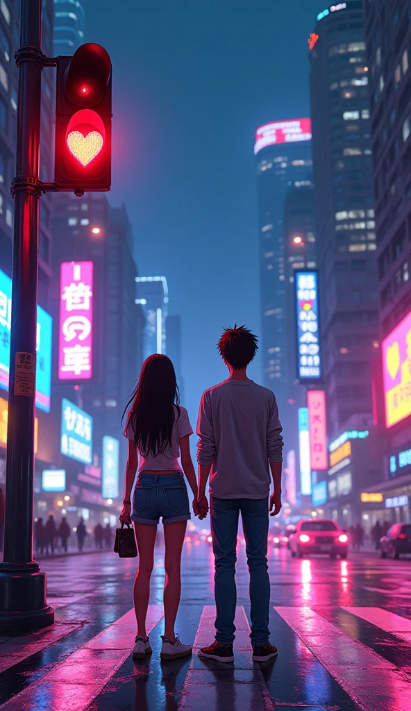 A vibrant, anime cyberpunk-inspired scene featuring a young couple standing at a zebra crossing, waiting to cross the street in a bustling, futuristic city. The couple is shown from the back, holding hands, with their casual clothing subtly illuminated by the neon lights surrounding them. The cityscape is filled with towering buildings adorned with glowing signs and holograms, casting a colorful glow on the wet pavement below. The atmosphere is cozy yet futuristic, with a soft, warm light enveloping the couple, adding a sense of intimacy. The traffic signal above them displays a glowing heart symbol instead of the usual round shape, adding a whimsical and romantic touch to the scene. The overall vibe is a blend of cozy warmth and the electrifying energy of a cyberpunk world. Hawaii, gta vice style , illustration , reteo comic illustration