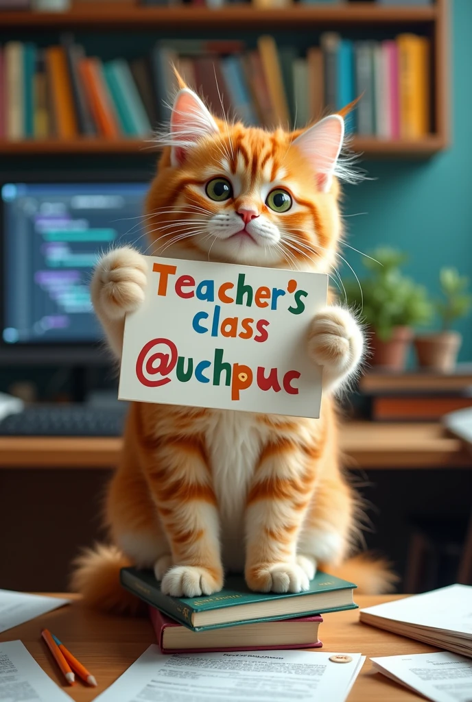 cat holding a sign that says "Teacher's class @uchpuc" and Computer Science