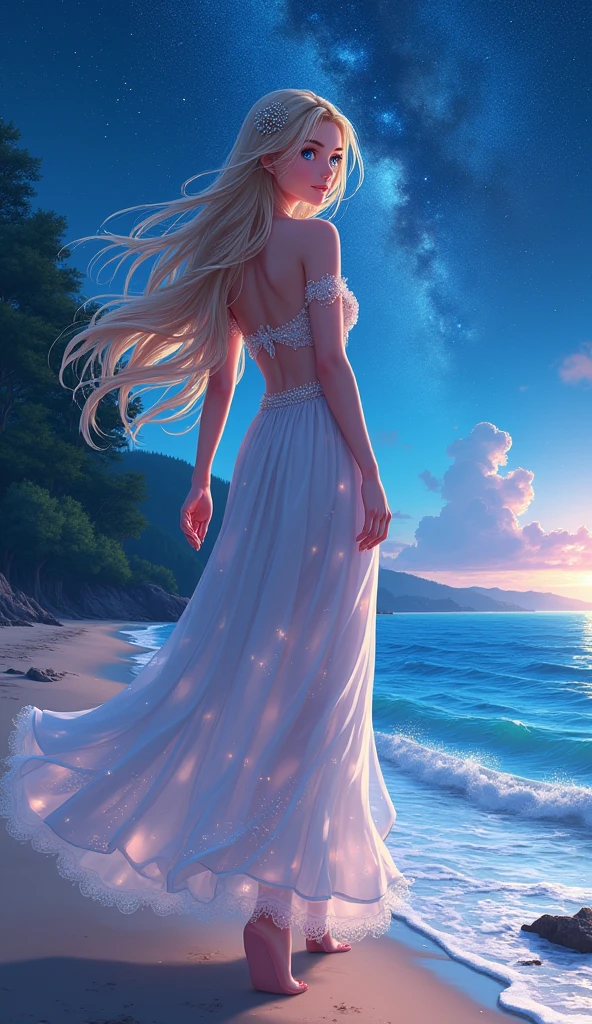 (masterpiece、Highest quality、8k、High resolution)、(The best beautiful girl)、Best Style、(The most beautiful face)、Clear skin、Clean blue eyes、Beautiful lips、Beautiful nose、Blonde Hair、Ample breasts、Walking on the sand、look back、The line of the buttocks is round and beautiful.、Ocean、You can see the forest、A bright night with stars visible、Beautiful starry sky、milky way、(体whole bodyから神秘的な光の粒子、Colorful Light)、The face looks beautiful、(jewelry、necklace)、dress、(whole body)、Highly detailed anime art、A complete portrayal、