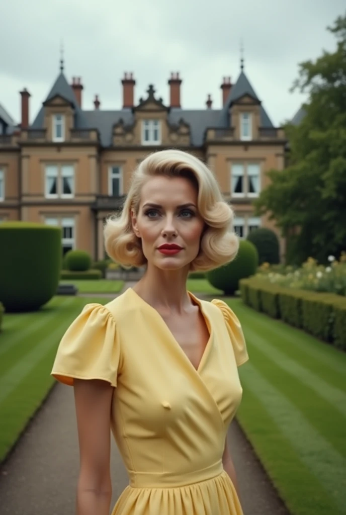 eye level shot, photo, 100mm lens, no distortion, An elegant and sexy mature blonde woman age 44,looking into camera, body positive, busty, red lips, wearing a stylish 1950s-style light yellow dress, exuding sophistication and confidence in a poised and aloof manner. She stands gracefully on the manicured grounds of an imposing manor house, which looms majestically in the background. The scene is set under an overcast sky, creating a dramatic and atmospheric ambiance that accentuates her superior demeanor. The mansion features ornate architecture with detailed details, surrounded by lush green gardens and well-kept hedges, adding richness to the composition. canon 50, cinematic