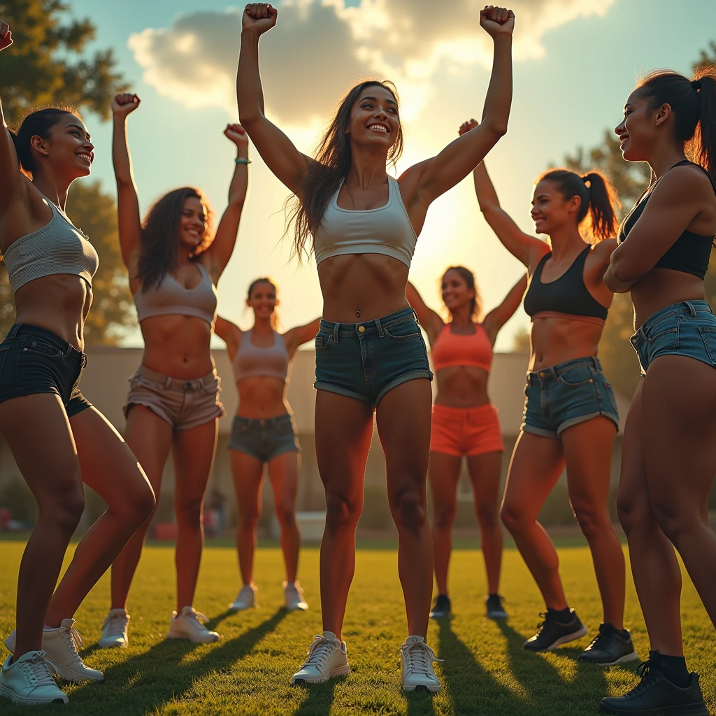 (beautiful athletic girls,muscular strong girls,girls lifting nerdy boys,girls are stronger than boys,powerful women,female empowerment,dynamic action pose,photorealistic,highly detailed,masterpiece,8k,best quality,realistic,cinematic lighting,dramatic composition,vivid colors,warm lighting)