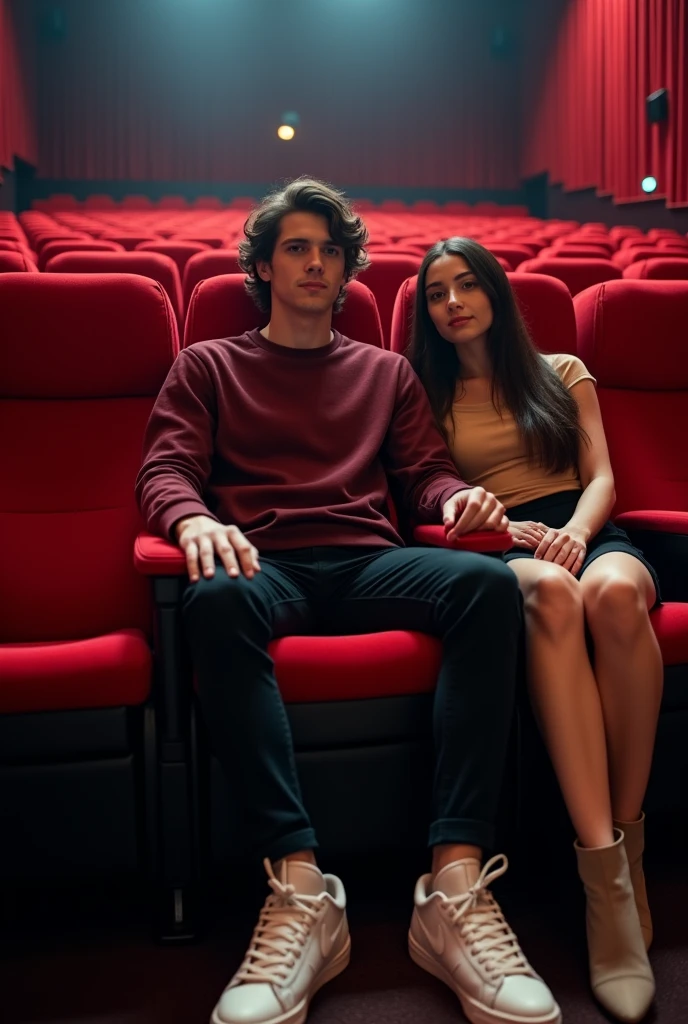 a 23 year old boy, tall with very white skin, and dark brown wavy hair dressed in a dark red sweatshirt and black pants, white sports shoes, They are sitting in a movie theater with a 20-year-old girl with long, very straight dark brown hair, dressed in a tight beige blouse., with a short black skirt and beige flat ankle boots