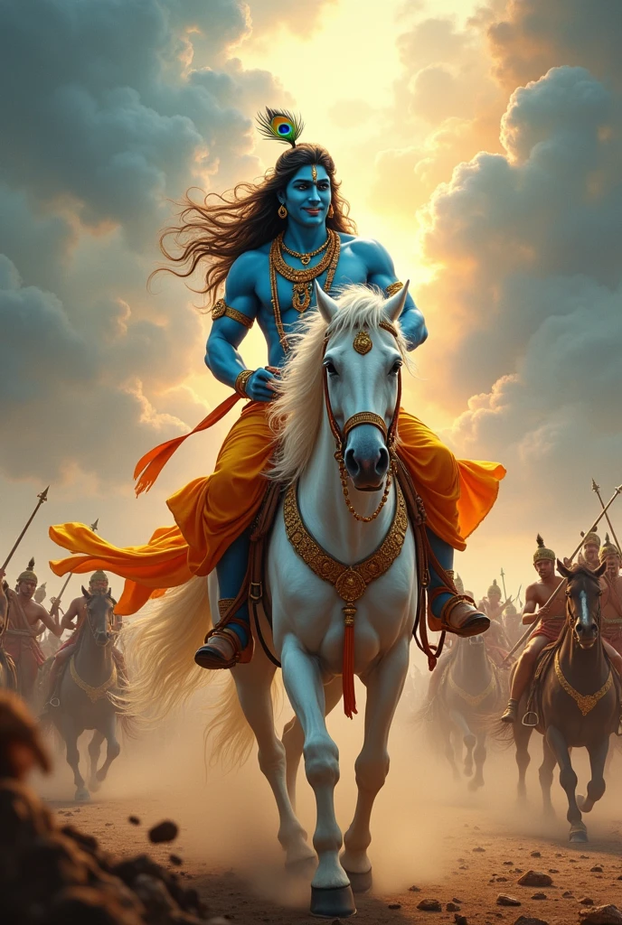 Lord Krishna with his beautiful smiling face and peacock feather in his hair and Mahabharata Yudh on white horse