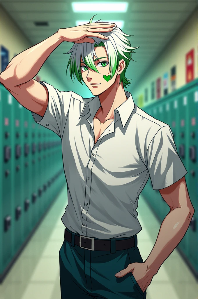 make me a boku no hero academia oc
gender: male
Skin: white with a green heart tattoo on his cheek
hair: white with green highlights up front
background: UA hallway
pose: saluting