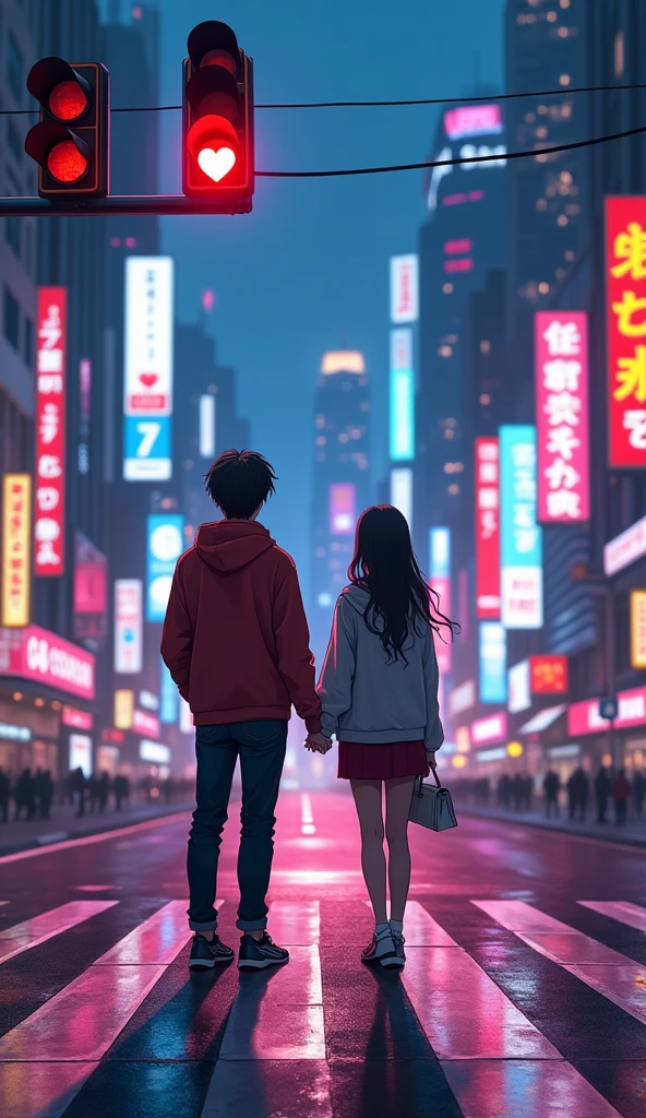 A vibrant, anime cyberpunk-inspired scene featuring a young couple standing at a zebra crossing, waiting to cross the street in a bustling, futuristic city. The couple is shown from the back, holding hands, with their casual clothing subtly illuminated by the neon lights surrounding them. The cityscape is filled with towering buildings adorned with glowing signs and holograms, casting a colorful glow on the wet pavement below. The atmosphere is cozy yet futuristic, with a soft, warm light enveloping the couple, adding a sense of intimacy. The traffic signal above them displays a glowing heart symbol instead of the usual round shape, adding a whimsical and romantic touch to the scene. The overall vibe is a blend of cozy warmth and the electrifying energy of a cyberpunk world.