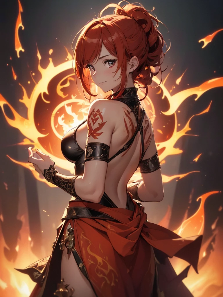(((best quality, sharp image, clear image, cinematic lighting, 8k resolution, masterpiece, ultra detailed, intricate))) Girl, (((looking over left shoulder))), (shot from behind), fire mage, ((intricate background)), ((chaotic background)), red hair, smiling, ((flame runes, flame sigils)), (tatoo on back), slime figure, flying sigils