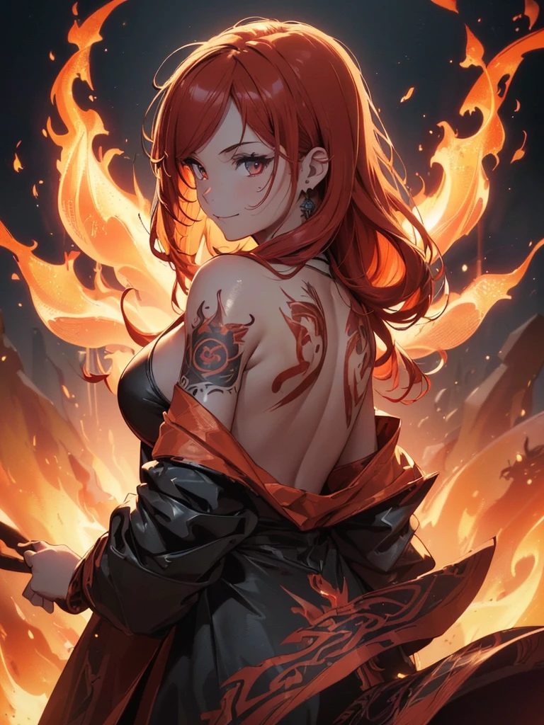 (((best quality, sharp image, clear image, cinematic lighting, 8k resolution, masterpiece, ultra detailed, intricate))) Girl, (((looking over left shoulder))), (shot from behind), fire mage, ((intricate background)), ((chaotic background)), red hair, smiling, ((flame runes, flame sigils)), (tatoo on back), slime figure, flying sigils