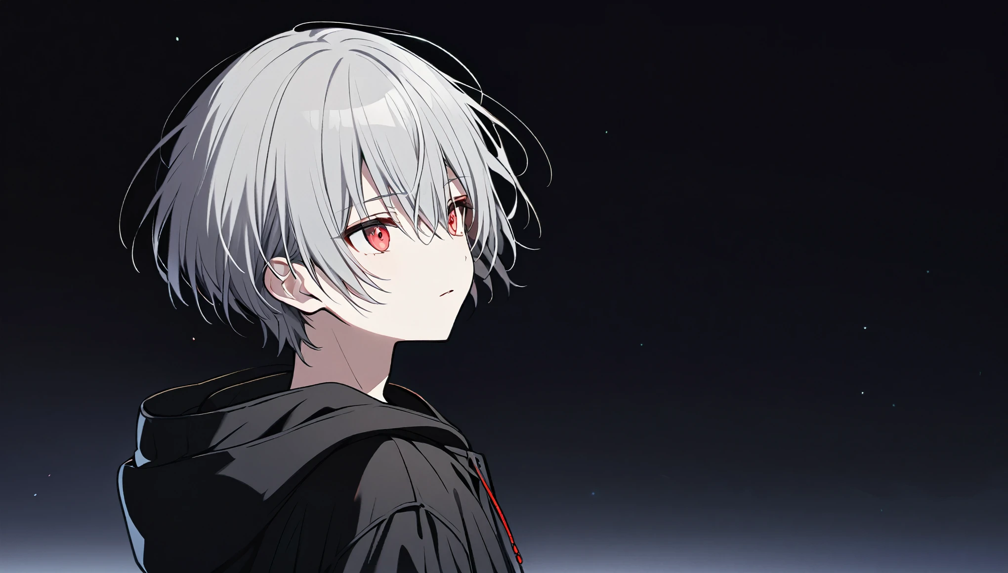 good looking, alone, 1 male, Gray Hair, Red eyes, Black Shirt, Black and white hooded, night, Black light,cute目,Short hairstyle,cute,Falling from the sky,綺麗なnight空