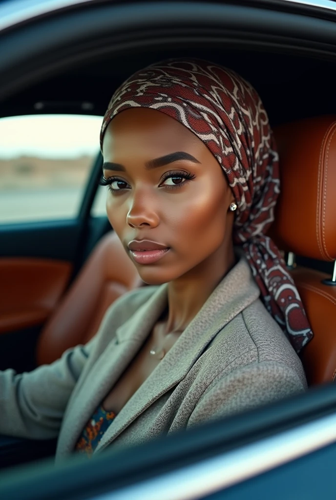 A woman with a hijab, fat lips and a sexy look is in the car looking at the camera