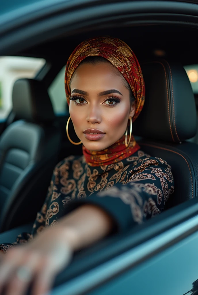 A woman with a hijab, fat lips and a sexy look is in the car looking at the camera