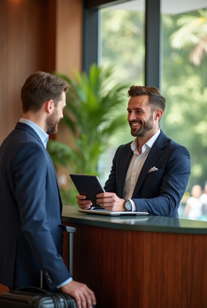 A smiling and polite male receptionist assisting a guest who has just arrived to check in..