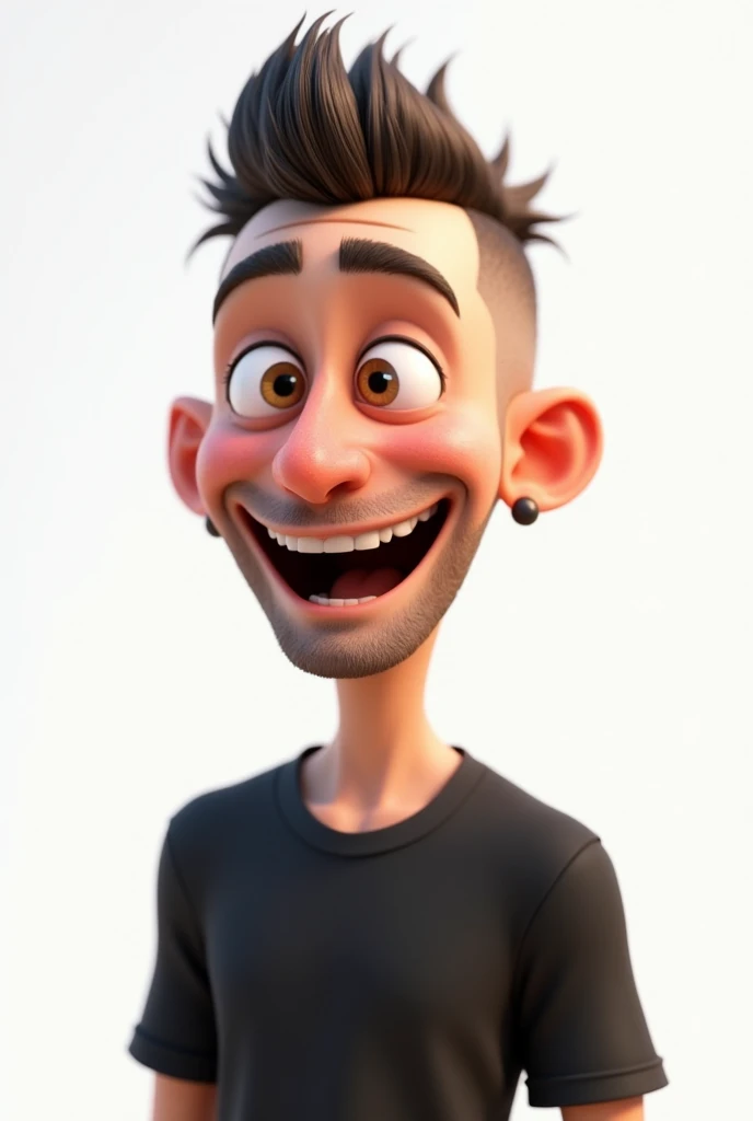 create a pixar-style 3d image with a clean white background of a 33 year old man , beardless white skin , Brown eyes , Short mohawk haircut with small round earrings in the ear and black t-shirt looking half profile with a funny expression