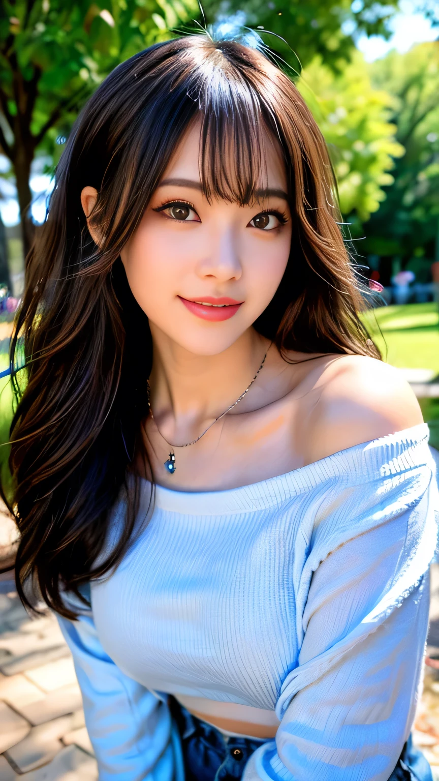 seed;2372725988,((Full Body Angle))、((Front hair:1.3))、((Highest quality, 8k, masterpiece: 1.3)), concentrated: 1.2, Cute 1,Nipples erect、 Perfect beauty: 1.4,Summer off-the-shoulder cropped T-shirt、Letter Print、Shorts: 1.2,Long sleeve、Randall Color、comics&Text Graphics、Black ruffle-trimmed drawstring zip blouse,1.1, Highly detailed face and skin textures, Fine grain, double eyelid, whitening skin, ,Highest quality,Ultra-high resolution,you,1 person,alone,_Shiny_skin,Iris,necklace,((brown_length_Wavy_hair)),(lips)),eyelash,Front hair,deal with,compensate,Shiny,pore,skin,Large Breasts、((Smile))、Walking in the park、Selfie、((close-up))
