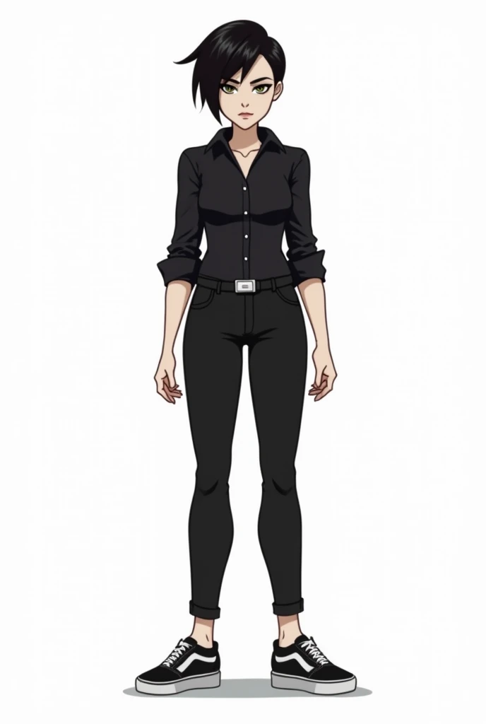 A tabletop RPG character in the horror genre, like a cartoon., showing the features Hair:pixie haircut

Gênero:Female Height: 1,80 Expression: serious clothing: black blouse black pants and vans sneakers white background
