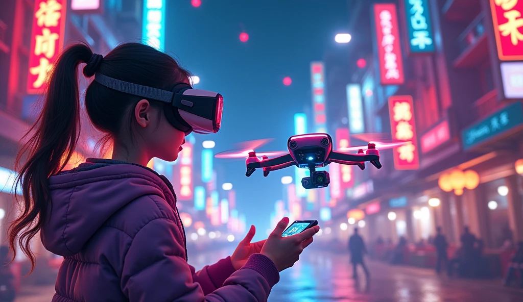 night cyberpunk background,(Girl wears VR,Control the drone to fly,AR drawing cartoon characters,Take pictures to record it。Oriental elements),(Chinese illustration:1.3,paper art:1.3, Quilted paper art:1.2),( reasonable design, Clear lines, High sharpness,Best quality, Very detailed, Masterpiece, movie light effect, 4K )