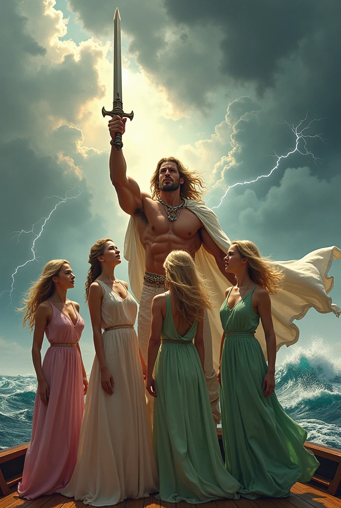  A shirtless body builder king with hair on his shoulder standing  on the deck of a ship wearing white, with his sword in the air, in back ground 4 slave blonde white tall almost naked girls standing obediently beside the king with big breasts coming out from their long sleeveless pink and green shirts covering slightly their vaginas and beautiful hips , looking at him, thunder touches  the sword while lightening.all facing towards front side.