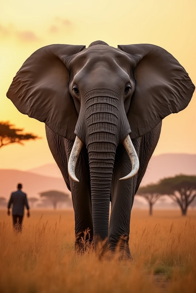 The image shows a colossal and majestic elephant in a golden savannah at dusk. The elephant has a wrinkled, gray skin, with long, curved tusks that gleam in the light of the setting sun. Your eyes are big and expressive, deep brown, radiating an aura of wisdom and tranquility. His ears are huge and are partially open., as if capturing the distant sounds of the savannah.
The surrounding landscape is a vast savannah plain, with tall grasses gently swaying in the wind and a few acacia trees scattered in the distance. There is a human figure walking in the distance, highlighting the imposing size of the elephant in comparison. The atmosphere is calm and serene, with the sky tinted orange and pink by the sunset. The soft light illuminates the elephant, highlighting the textures of its skin and the grandeur of the creature amidst the immensity of the African savannah.