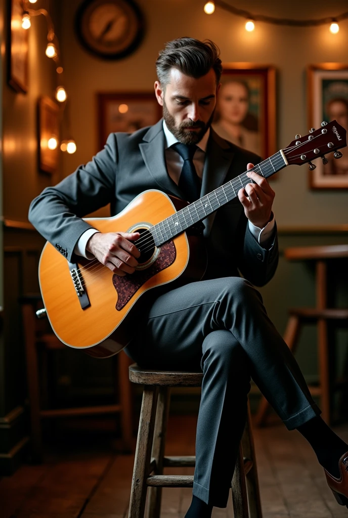 (photorealism:1.2), man, playing guitar with grafithe gray suit.