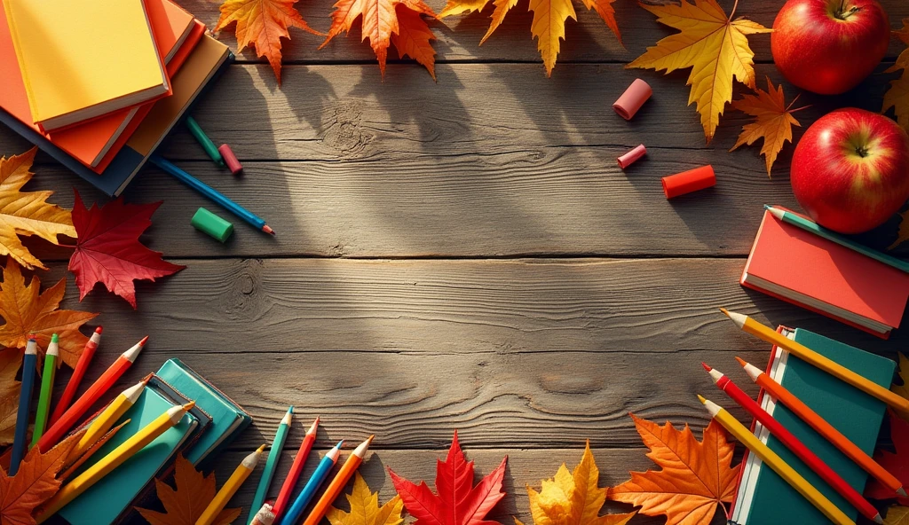 Top view of a wooden table filled with school supplies such as notebooks, pencils, erasers, pens, surrounded by autumn leaves symbolizing the beginning of a new school year.