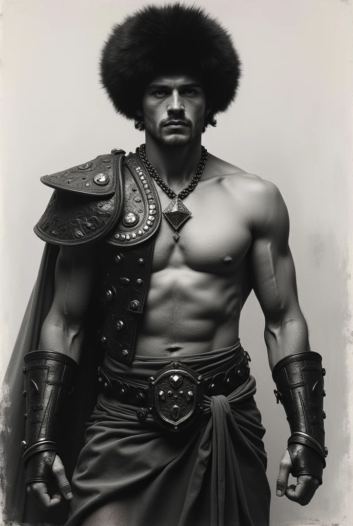 A masterpiece of charcoal drawing by Théodore Géricault. A dramatic, soft, delicate half-body portrait of a 20-year-old ancient Roman gladiator, his chiseled torso glistening in monochrome The subject's gaze is intense, his bare chest adorned with a diamond-shaped pendant, he is wearing a Russian fur hat. His gladiator armor, crafted from alligator leather, velvet, with Ronin-inspired elements tied at the waist by a satin sash. The composition is bathed in wan lighting.