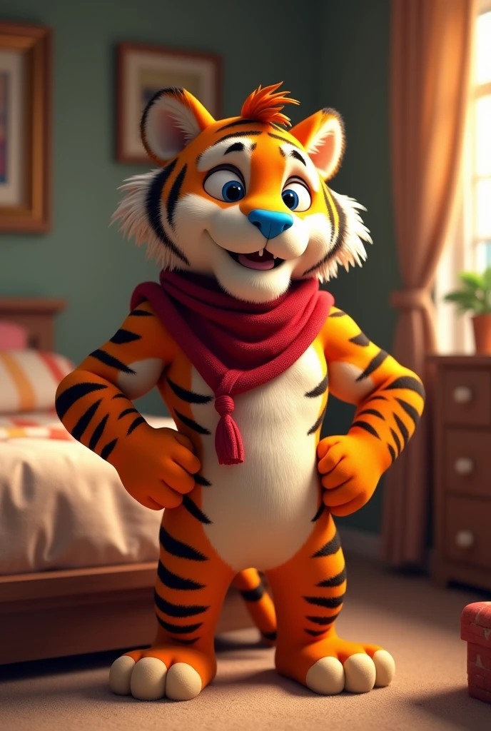 Tiger, furry, tony, zucaritas, sexy, bara, muscle,bedroom, (soft shading), 8k, masterpiece, full body eyes blue, nose blue, scarf short red