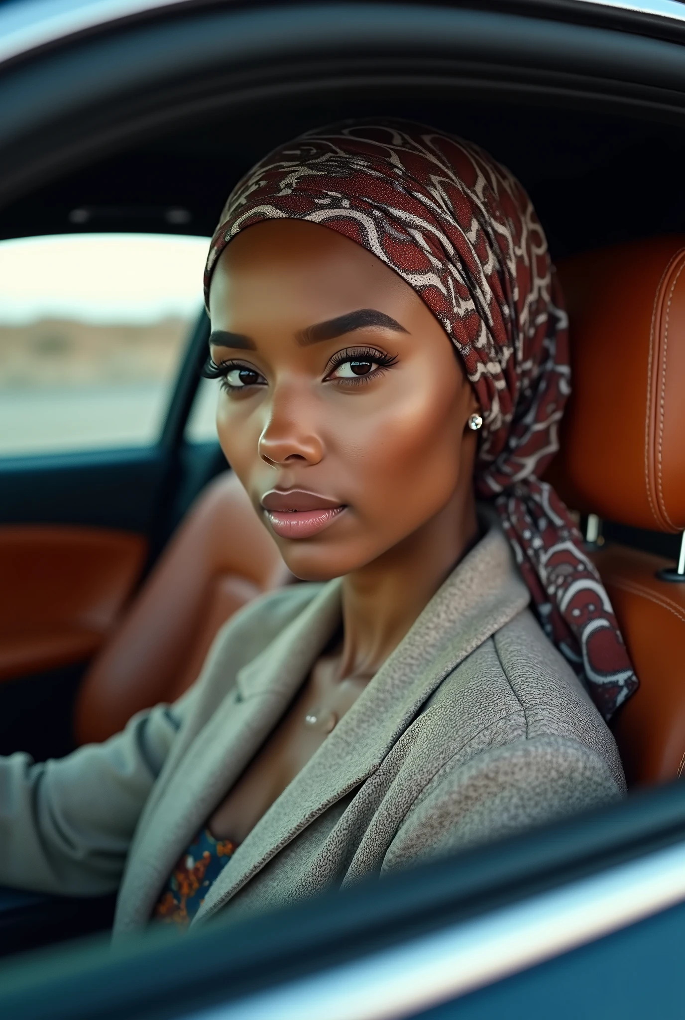 A woman with a hijab, fat lips and a sexy look is in the car looking at the camera