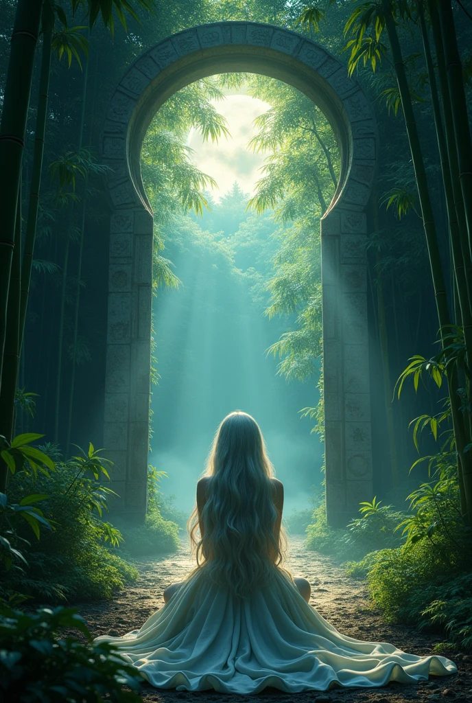  picture of a human sorceress sittings in bamboo forest, opening a large (magical doorway: 1.2), with magical runes on it, looking into the (heavens: 1.3), fantasy art, RPG art, an epic beautiful human woman (best details, Masterpiece, best quality), ultra detailed face (best details, Masterpiece, best quality), dynamic hair color, dynamic hair style, dynamic eyes color, dynamic dress (best details, Masterpiece, best quality), bamboo, the magical doorway opens into the heavens and you can see angels flying, glowing arcane sigils GlowingRunes_paleblue, fantasy bamboo forest at night, moon light, moon rays, stars, Ultra-high resolution, High Contrast, (masterpiece:1.5), highest quality, Best aesthetics), 16K fantasy art, best details, best quality, highres, (ultra wide angle: 1.2), 16k, [ultra detailed], masterpiece, best quality, (extremely detailed), Cinematic Hollywood Film