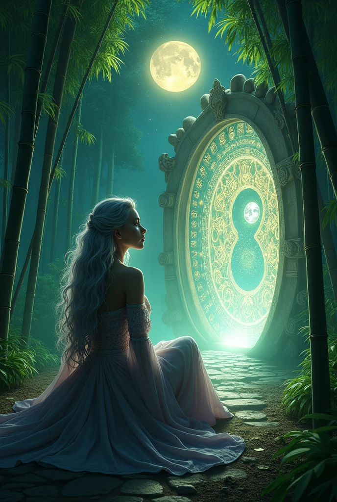  picture of a human sorceress sittings in bamboo forest, opening a large (magical doorway: 1.2), with magical runes on it, looking into the (heavens: 1.3), fantasy art, RPG art, an epic beautiful human woman (best details, Masterpiece, best quality), ultra detailed face (best details, Masterpiece, best quality), dynamic hair color, dynamic hair style, dynamic eyes color, dynamic dress (best details, Masterpiece, best quality), bamboo, the magical doorway opens into the heavens and you can see angels flying, glowing arcane sigils GlowingRunes_paleblue, fantasy bamboo forest at night, moon light, moon rays, stars, Ultra-high resolution, High Contrast, (masterpiece:1.5), highest quality, Best aesthetics), 16K fantasy art, best details, best quality, highres, (ultra wide angle: 1.2), 16k, [ultra detailed], masterpiece, best quality, (extremely detailed), Cinematic Hollywood Film