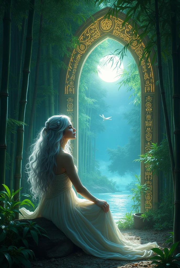  picture of a human sorceress sittings in bamboo forest, opening a large (magical doorway: 1.2), with magical runes on it, looking into the (heavens: 1.3), fantasy art, RPG art, an epic beautiful human woman (best details, Masterpiece, best quality), ultra detailed face (best details, Masterpiece, best quality), dynamic hair color, dynamic hair style, dynamic eyes color, dynamic dress (best details, Masterpiece, best quality), bamboo, the magical doorway opens into the heavens and you can see angels flying, glowing arcane sigils GlowingRunes_paleblue, fantasy bamboo forest at night, moon light, moon rays, stars, Ultra-high resolution, High Contrast, (masterpiece:1.5), highest quality, Best aesthetics), 16K fantasy art, best details, best quality, highres, (ultra wide angle: 1.2), 16k, [ultra detailed], masterpiece, best quality, (extremely detailed), Cinematic Hollywood Film