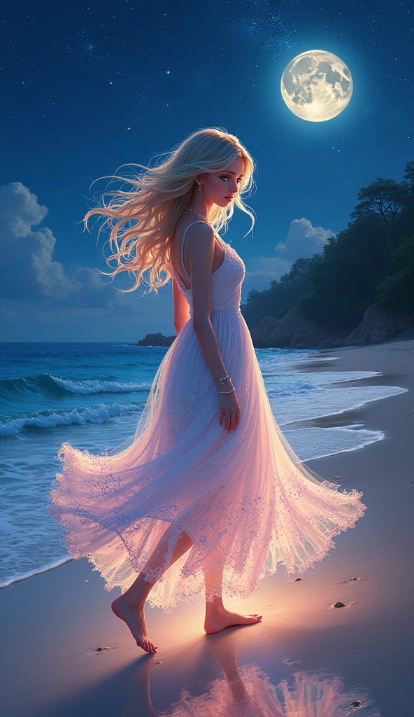 (masterpiece、Highest quality、8k、High resolution)、(The best beautiful girl)、Best Style、(The most beautiful face)、Clear skin、Clean blue eyes、Beautiful lips、Beautiful nose、Blonde Hair、Ample breasts、Walking on the sand、look back、The line of the buttocks is round and beautiful.、Ocean、You can see the forest、A bright night with stars visible、Beautiful starry sky、milky way、(体whole bodyから神秘的な光の粒子、Colorful Light)、The face looks beautiful、(jewelry、necklace)、dress、(whole body)、Highly detailed anime art、A complete portrayal、