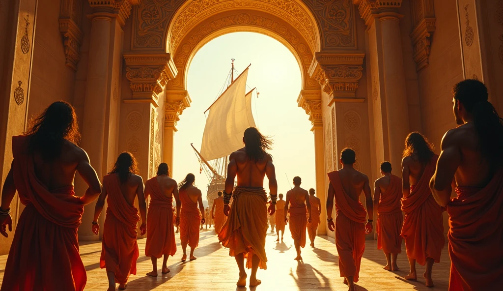 Generate a high quality scene of outside of an indian palace with big windows without mirror and big gate, the indian king having bodybuilder physic and long hairs ordering his all male servents to follow and accopany him towads
ship walking with excietment the only male servents with visible king face king is walking towards the ship outside the palace standing front of palace and ship is ready to travel with king and servents to travel