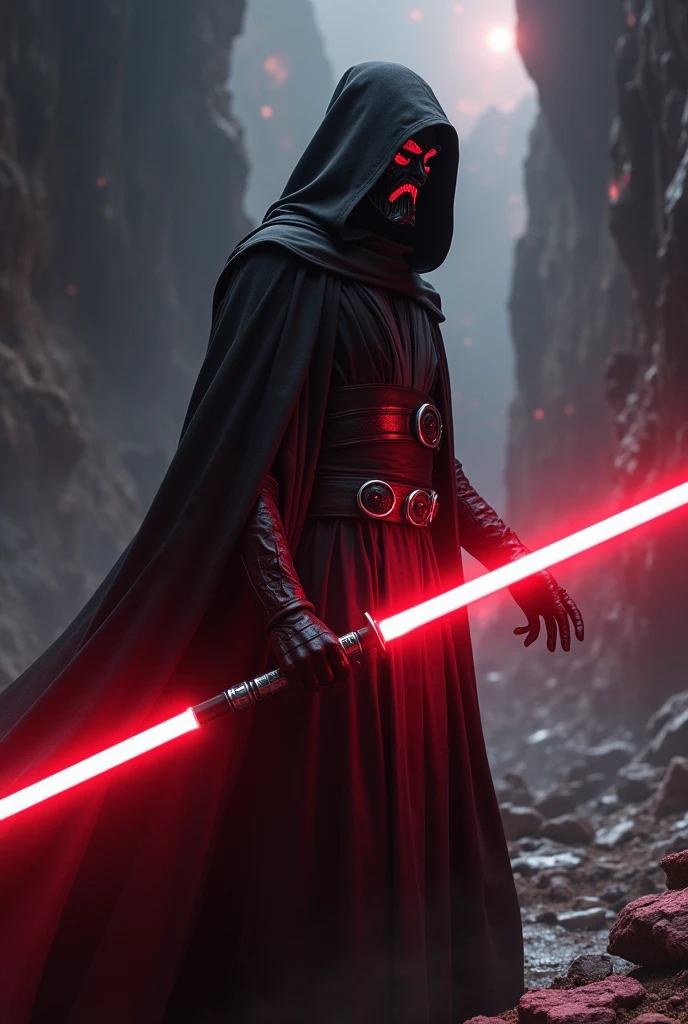 The app Spotify as a Sith Lord from Star Wars, colors of the app, red lightsaber, creepy, scary, ultra-realistic 