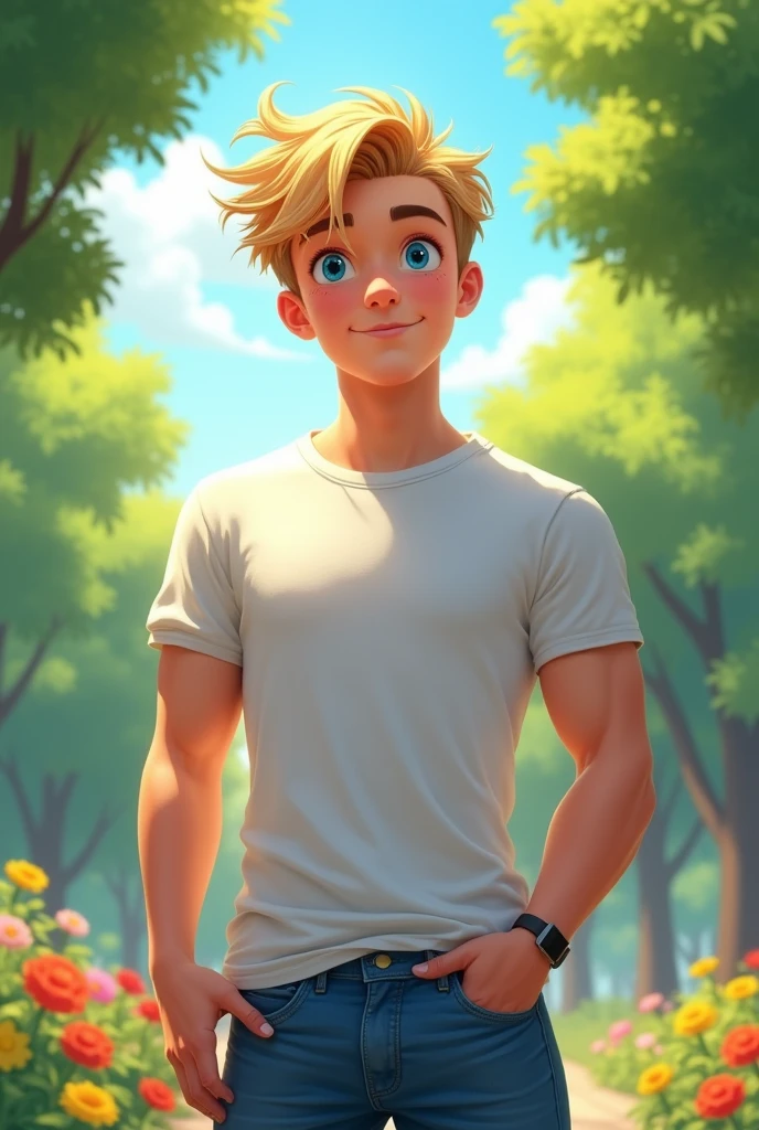 Tall teen boy with blonde and blue eyes looks natural