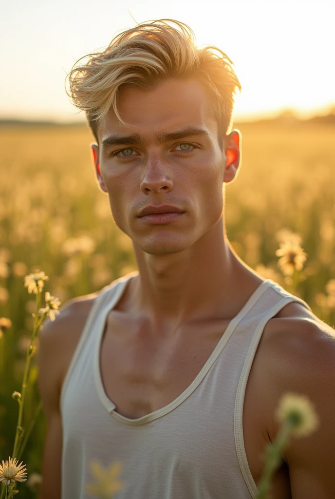 Make a young Germanic man of age, blonde with blue eyes, very clear skin and in the middle of the field, photo realistic image