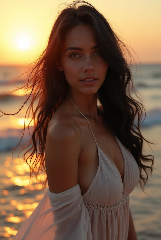 une belle fille avec de longs cheveux noirs ondulés, déshabiller sa robe, Debout au bord de la mer, lui montrant , Visage et yeux détaillés, détails complexes, Photoréaliste, 8k, Haute qualité, éclairage naturel, Cinématique, chef-d&#39;œuvre, Spectaculaire, sensuel
