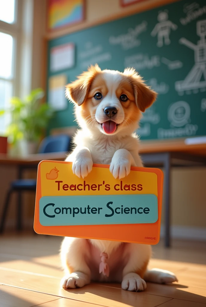  dog holding a sign that says "Teacher&#39;s class @Fernely" and Computer Science