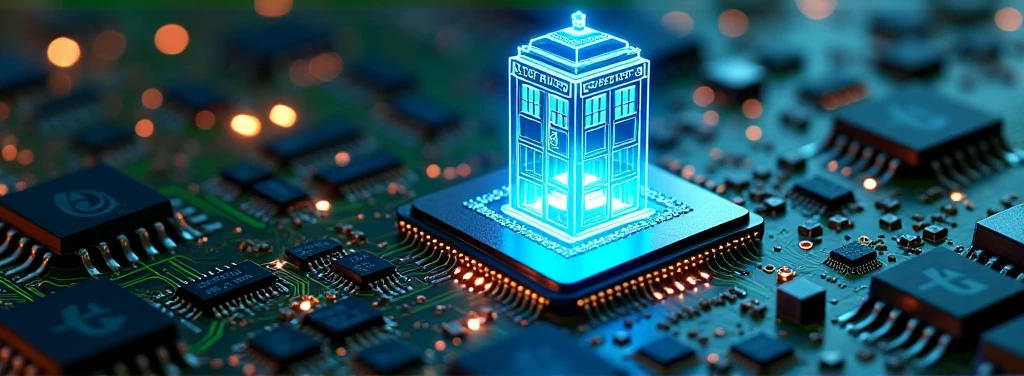 for the cover of LinkedIn a concept of something technological that is part of computer engineering, applying something futuristic and innovative bringing the idea of speed, no character in the picture, only objects, like chips, motherboards, computers, programming language. place a doctor who tardis on top of a processor as if it were a hologram and the tardis aligned with the processor. makes the tardis clearer, with more definition and within the image frame, just a little shifted to the right. keeping the tardis as a hologram