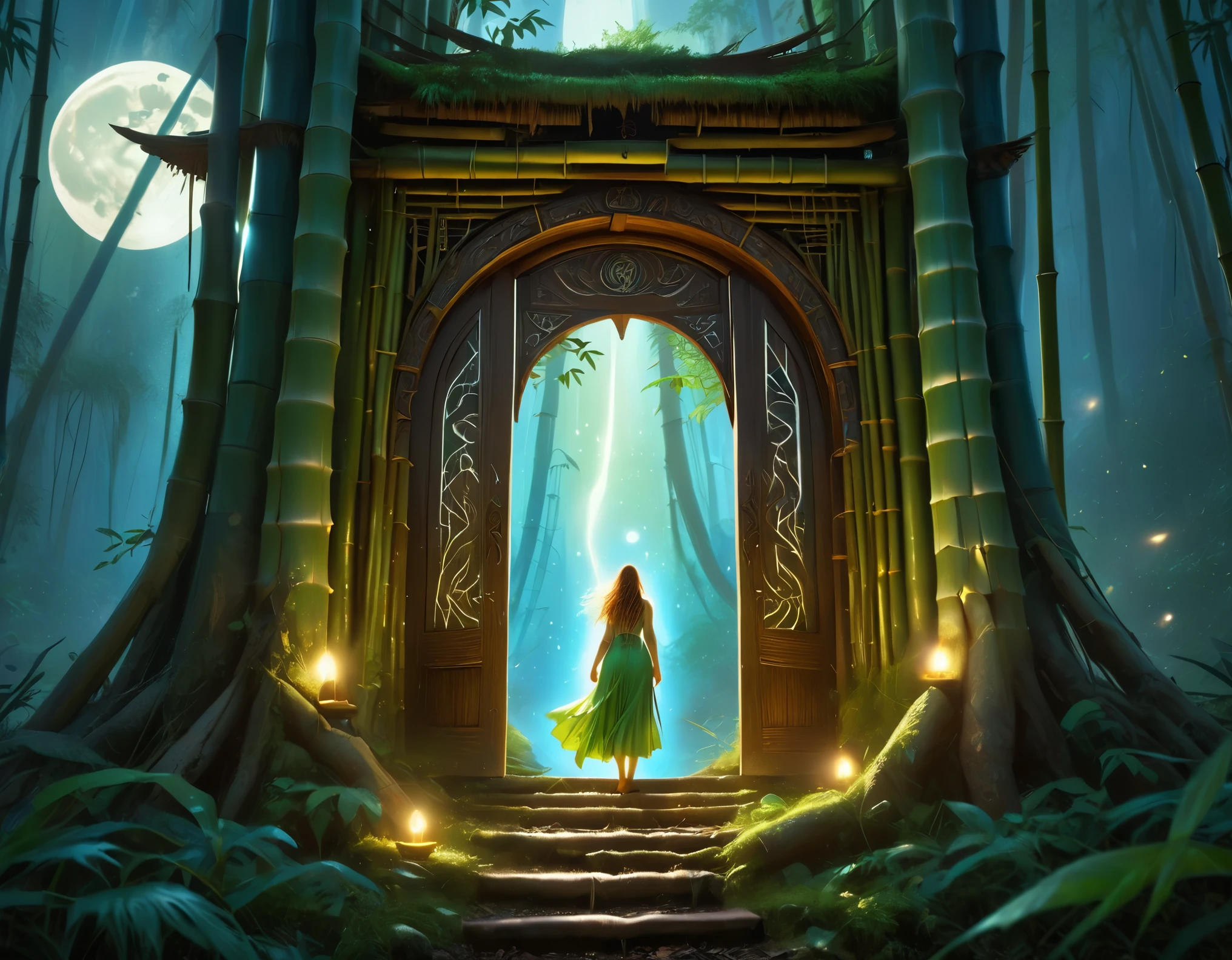  picture of a human sorceress sittings in bamboo forest, opening a large (magical doorway: 1.2), with magical runes on it, looking into the (heavens: 1.3), fantasy art, RPG art, an epic beautiful human woman (best details, Masterpiece, best quality), ultra detailed face (best details, Masterpiece, best quality), dynamic hair color, dynamic hair style, dynamic eyes color, dynamic dress (best details, Masterpiece, best quality), bamboo, the magical doorway opens into the heavens and you can see angels flying, glowing arcane sigils GlowingRunes_paleblue, fantasy bamboo forest at night, moon light, moon rays, stars, Ultra-high resolution, High Contrast, (masterpiece:1.5), highest quality, Best aesthetics), 16K fantasy art, best details, best quality, highres, (ultra wide angle: 1.2), 16k, [ultra detailed], masterpiece, best quality, (extremely detailed), Cinematic Hollywood Film