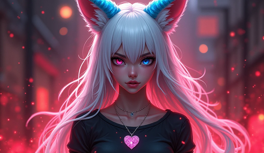 Caucasian skin, one dark blue eye and one pink eye, a blue horn and a pink horn on the head, long white hair, White fox ears on the head, wearing a tight black shirt, a heart necklace around the neck, make her angry
