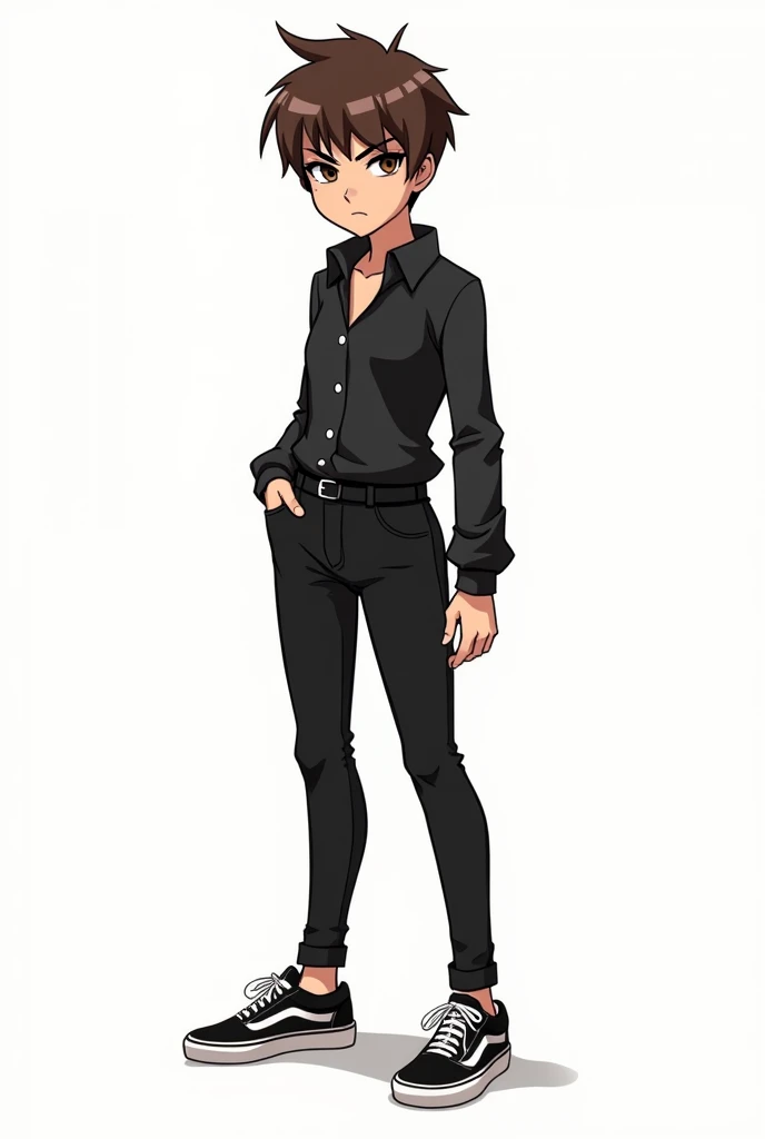 A tabletop RPG character in the horror genre, like a cartoon., showing the features Hair:pixie haircut with brown bangs Gender:Female Height: 1,80 Expression: serious clothing: black blouse black pants and vans sneakers white background