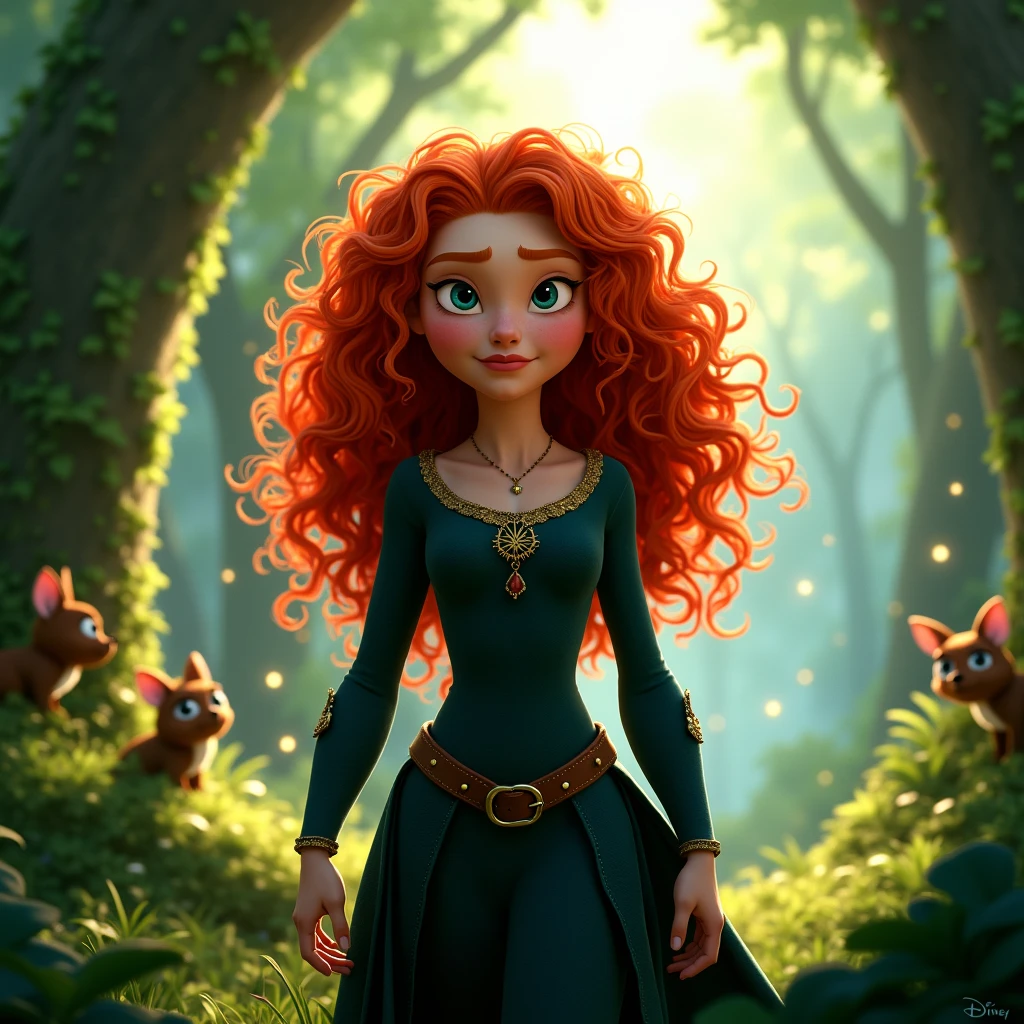 4KHD, pixar 3d animated disney magical fantasy movie, wide angle view, MERIDA in forest, looking into camera with piercing eyes, fight