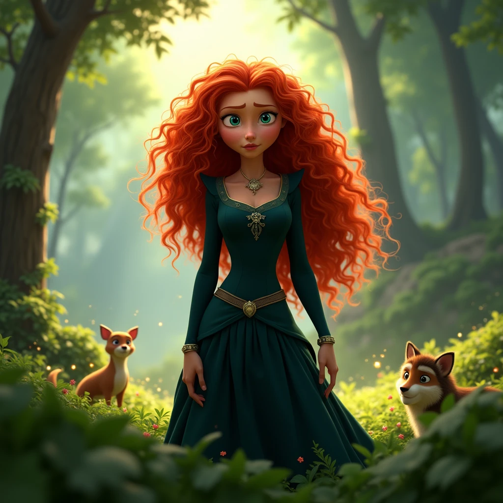 4KHD, pixar 3d animated disney magical fantasy movie, wide angle view, MERIDA in forest, looking into camera with piercing eyes, fight