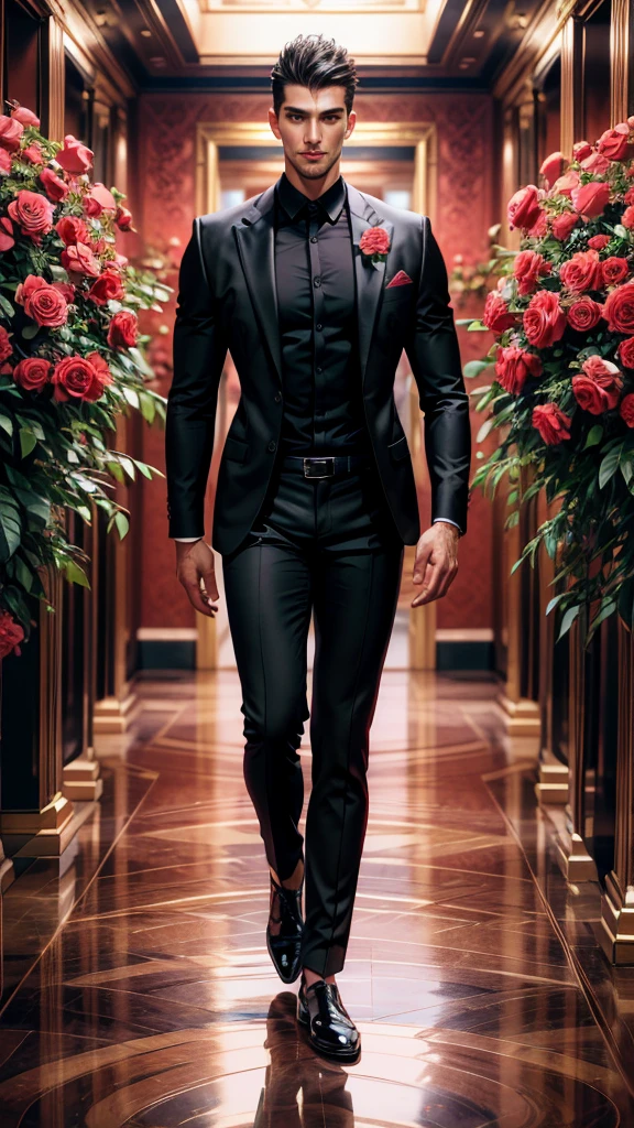 (absurdres, highres, ultra detailed), 1 male, beautiful,handsome, tall muscular guy, smooth skin, sexy gaze, mature, verious red and pink roses around him, the man is standing comfortably in the roses, from directly above, (black dress shirt, black pants), gorgeous, wet, model pose, colorful, artistic, depth of field, focus on his calm facial features, elegant look, looking at the viewers romantically,