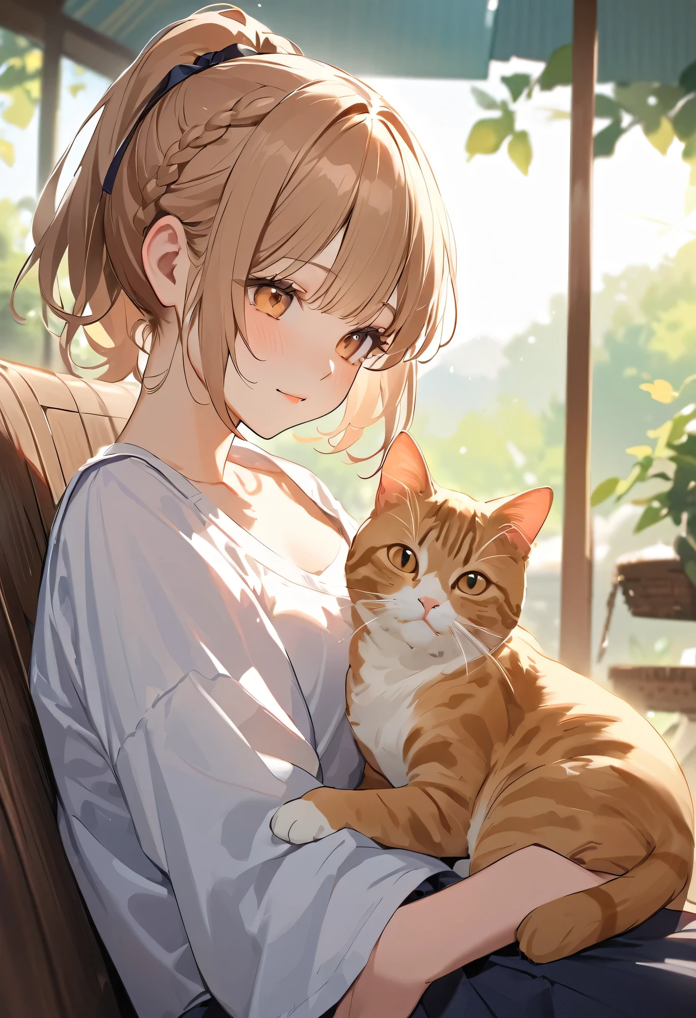 Highest quality、High resolution、Detailed Background、Beautiful face in every detail:、Teenage beauty、Normal number of fingers、Highly detailed face、Detailed eyes、Perfect body line、Light color hair、Braided bob cut、ponytail、Cute gestures、A girl with a gentle gaze、
A brown tabby cat was sleeping peacefully in front of a girl standing in a quiet park.、The girl looks at the cat with a gentle gaze、Slowly approaching, snuggling up、The cat noticed the girl&#39;s gentle gesture、He slowly opened his eyes and looked back at the girl.、The girl gently stroked the cat&#39;s head, and the cat closed its eyes as if in comfort.、It&#39;s enough just to feel each other&#39;s presence in silence.、The girl looked at the cat&#39;s gentle expression.、She suddenly smiled.、The love for small lives、It was a moment when I felt the preciousness of life.、cute