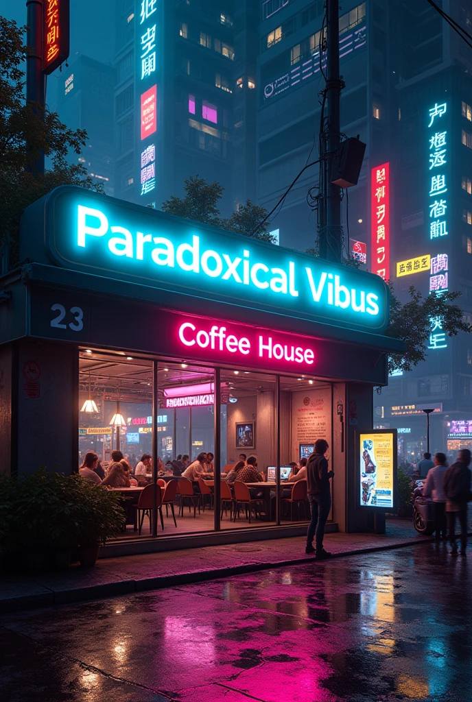 Make an cyberpunk coffee house and The coffee house will have paradoxical vibus written on it. also this picture should in night. And picture should be 9:16 aspect ratio 